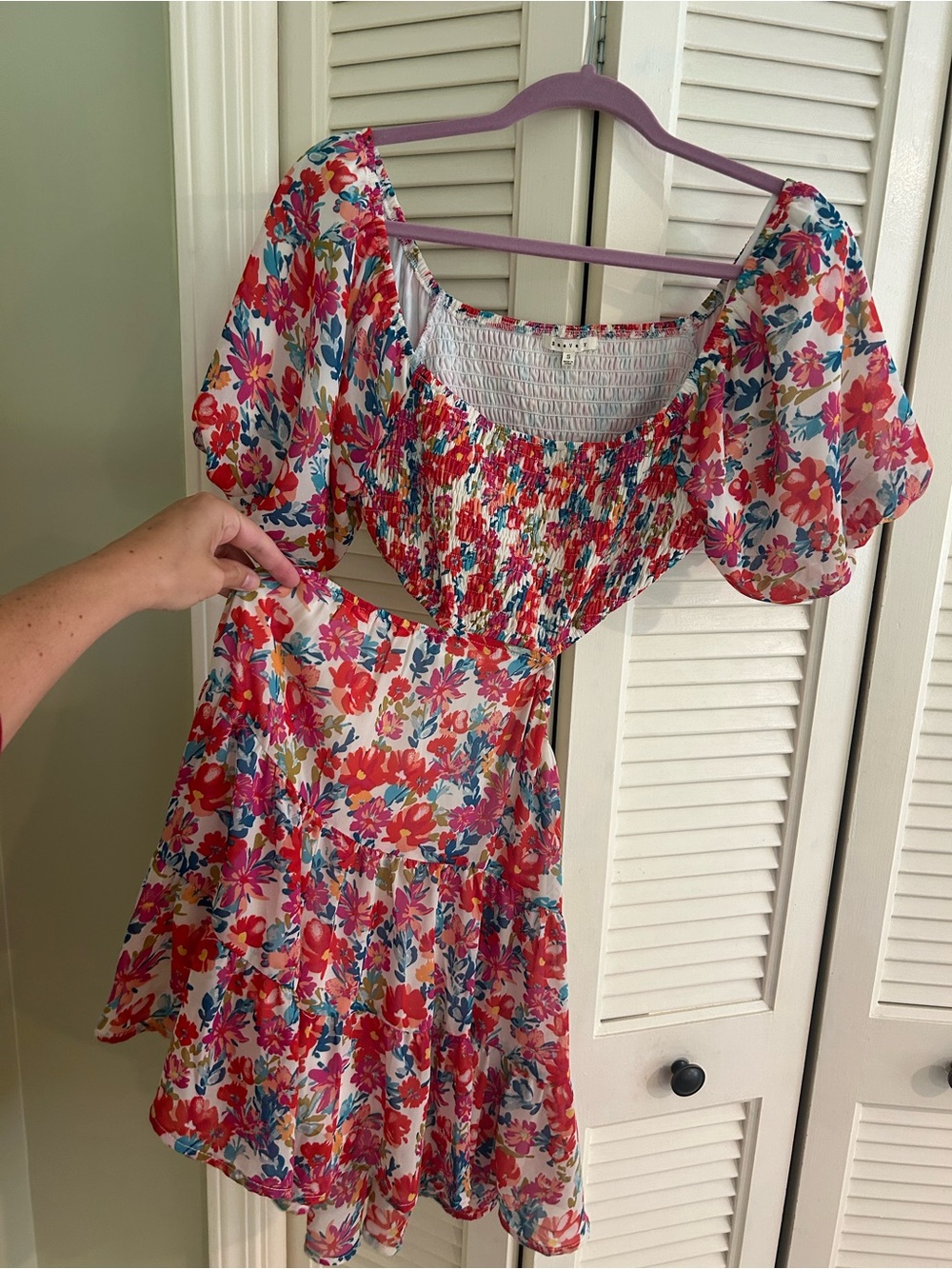 Smocked Floral Puff-Sleeve Mini Dress in White with Red & Pink Flowers